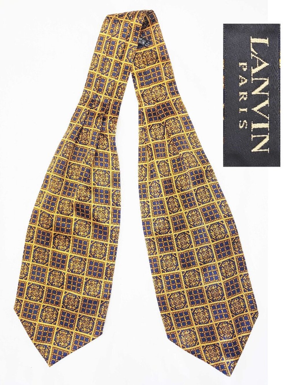 Lanvin Paris Men's 100% Silk Ascot Cravat Necktie Gold Navy Medallion Pattern